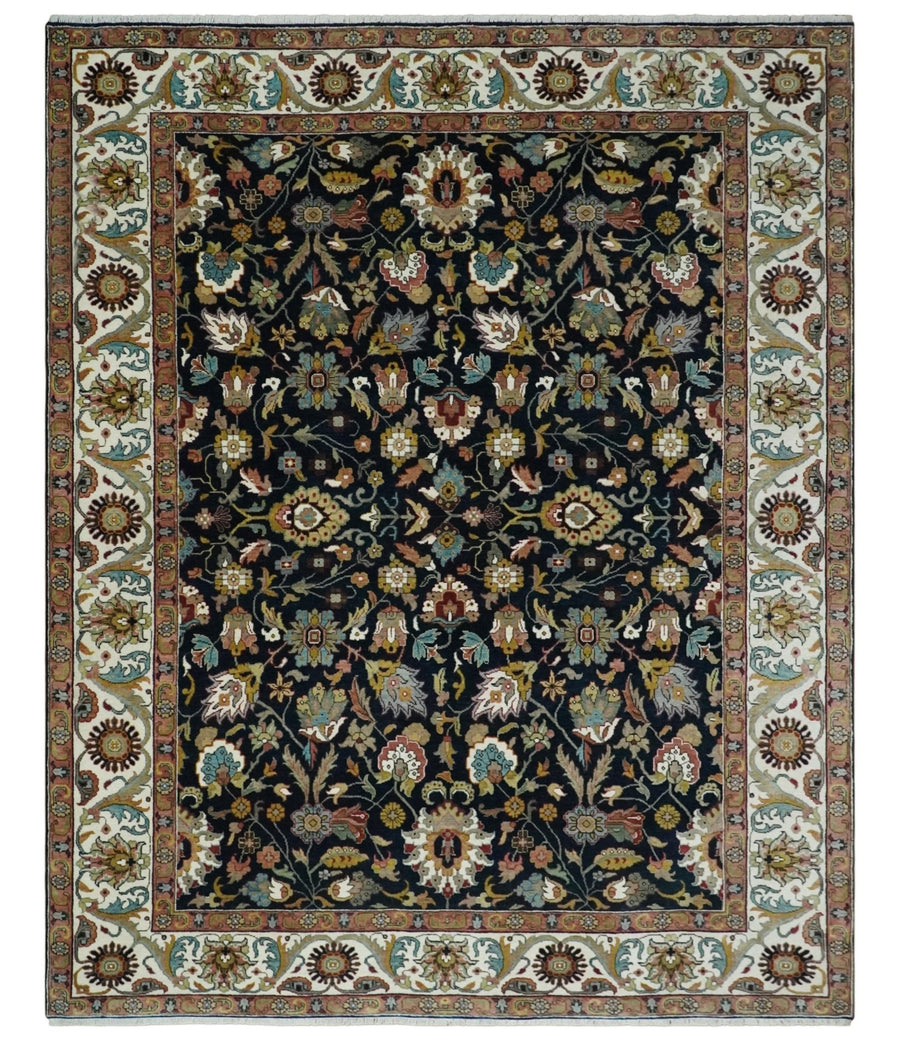 Fine Hand Knotted Black and Ivory 8x10 Traditional Wool Area Rug - The Rug Decor