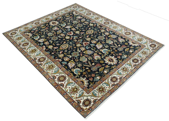 Fine Hand Knotted Black and Ivory 8x10 Traditional Wool Area Rug - The Rug Decor