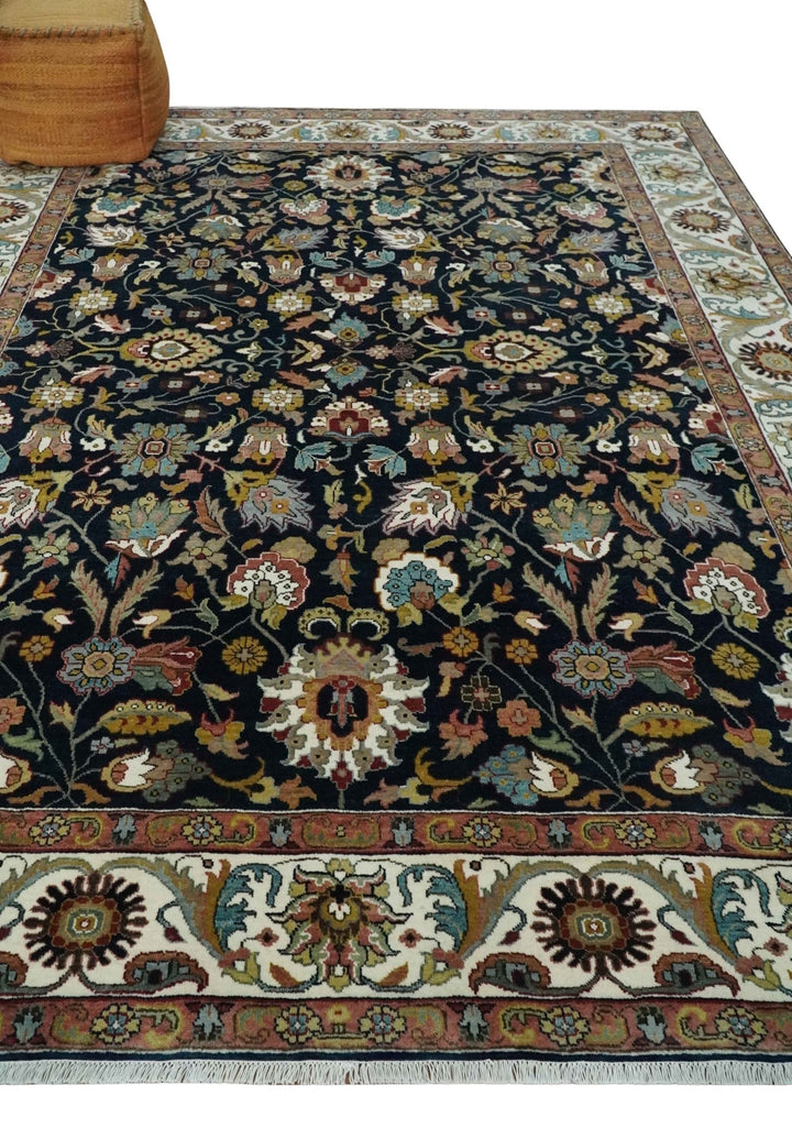 Fine Hand Knotted Black and Ivory 8x10 Traditional Wool Area Rug - The Rug Decor
