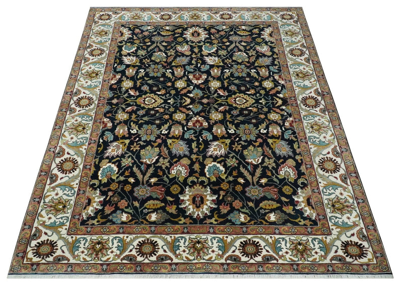 Fine Hand Knotted Black and Ivory 8x10 Traditional Wool Area Rug - The Rug Decor