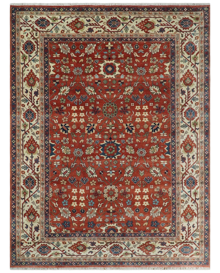 Fine Hand Knotted Rust and Ivory 9x12 Traditional Wool Area Rug - The Rug Decor