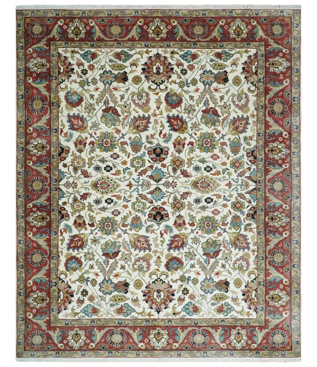 Fine Knots Ivory and Brown 8x10 Hand knotted Traditional Floral Wool Area Rug - The Rug Decor