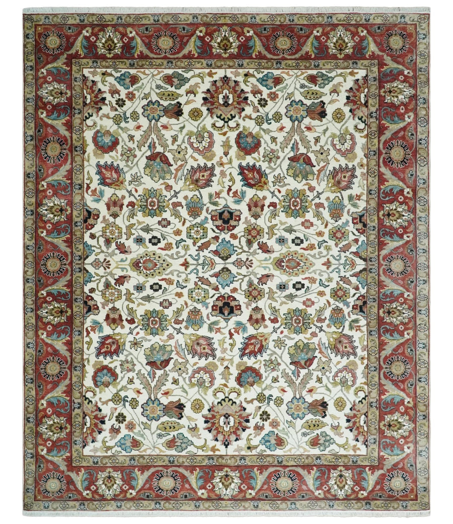 Fine Knots Ivory and Brown 8x10 Hand knotted Traditional Floral Wool Area Rug - The Rug Decor