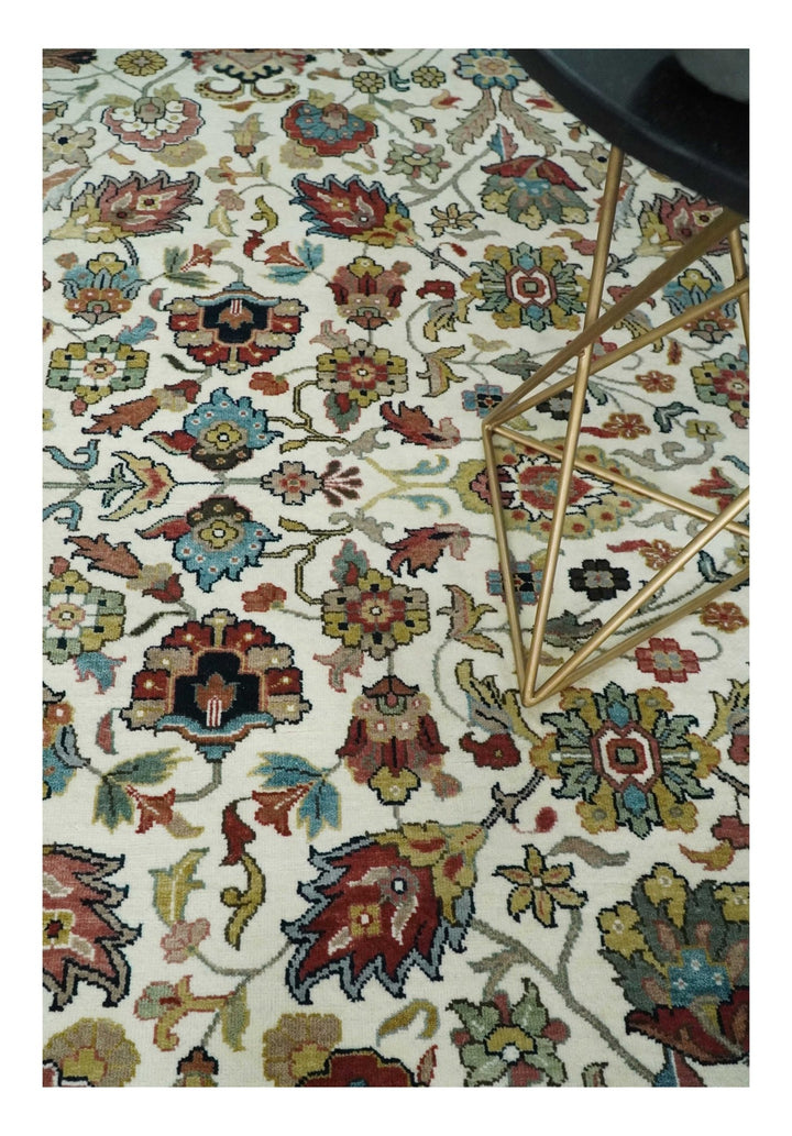 Fine Knots Ivory and Brown 8x10 Hand knotted Traditional Floral Wool Area Rug - The Rug Decor