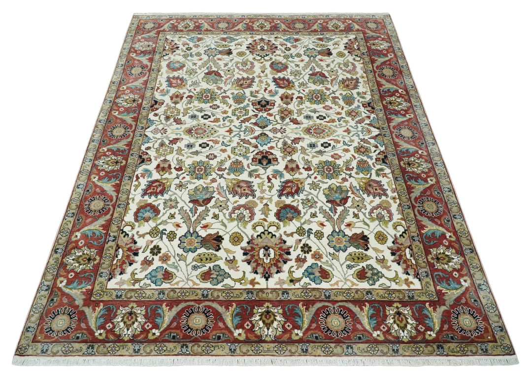Fine Knots Ivory and Brown 8x10 Hand knotted Traditional Floral Wool Area Rug - The Rug Decor