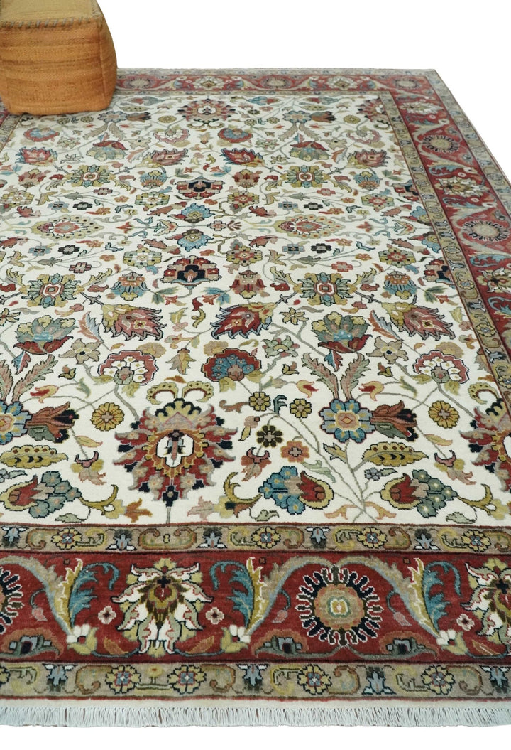 Fine Knots Ivory and Brown 8x10 Hand knotted Traditional Floral Wool Area Rug - The Rug Decor