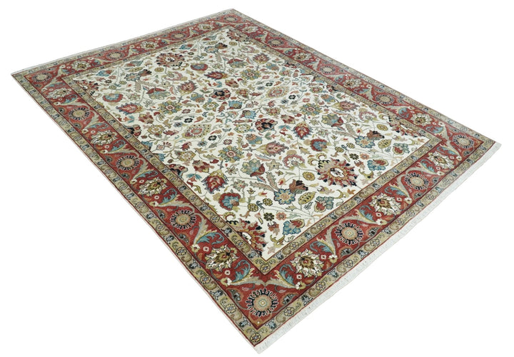 Fine Knots Ivory and Brown 8x10 Hand knotted Traditional Floral Wool Area Rug - The Rug Decor