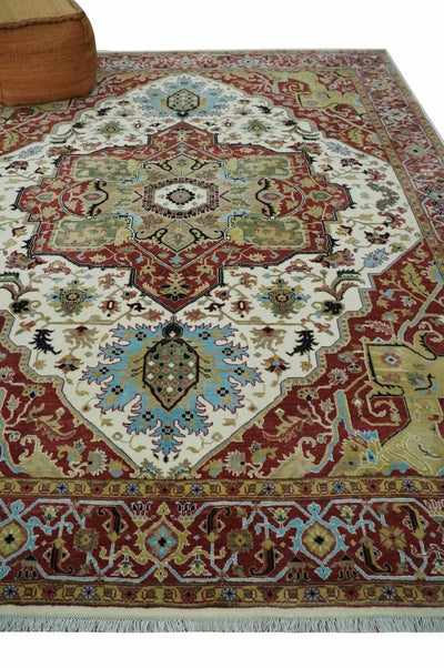 Fine Knots Red, Ivory and Olive 8x10 Hand knotted Traditional Wool Area Rug, - The Rug Decor