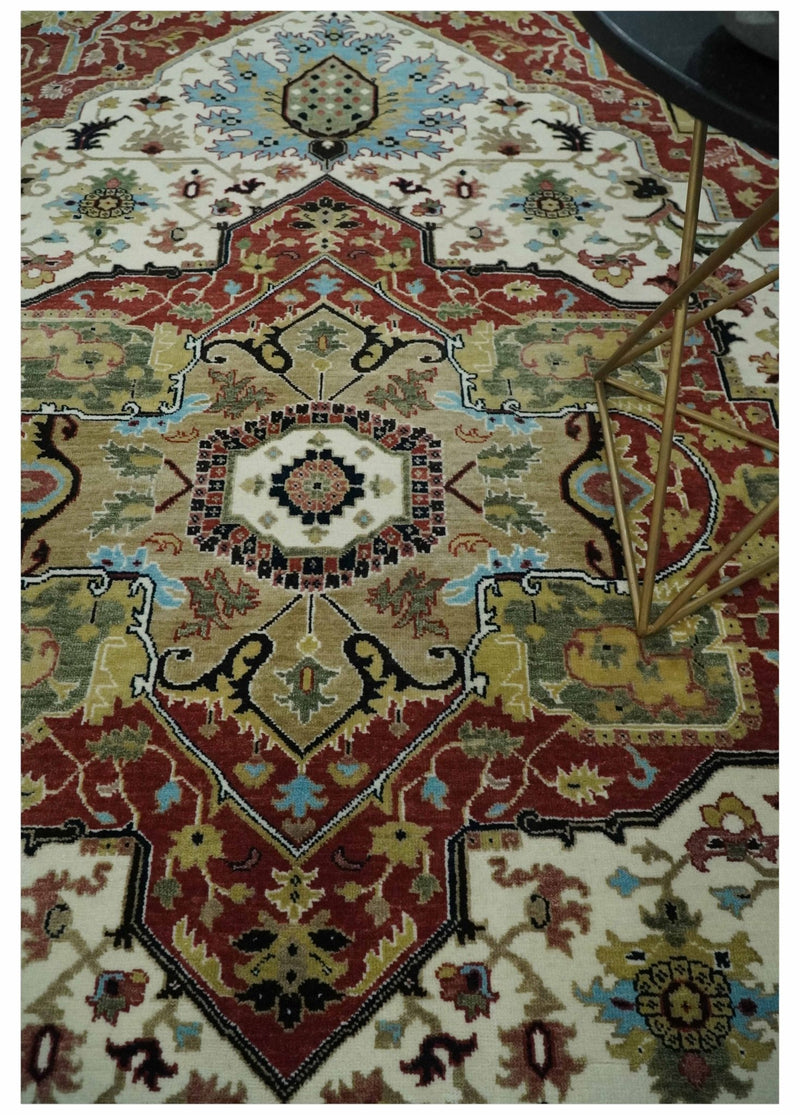 Fine Knots Red, Ivory and Olive 8x10 Hand knotted Traditional Wool Area Rug, - The Rug Decor