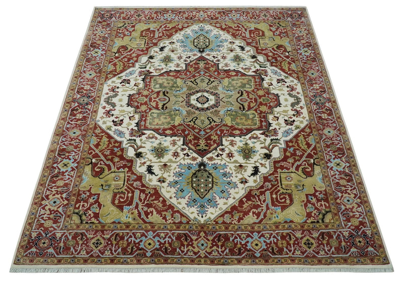 Fine Knots Red, Ivory and Olive 8x10 Hand knotted Traditional Wool Area Rug, - The Rug Decor
