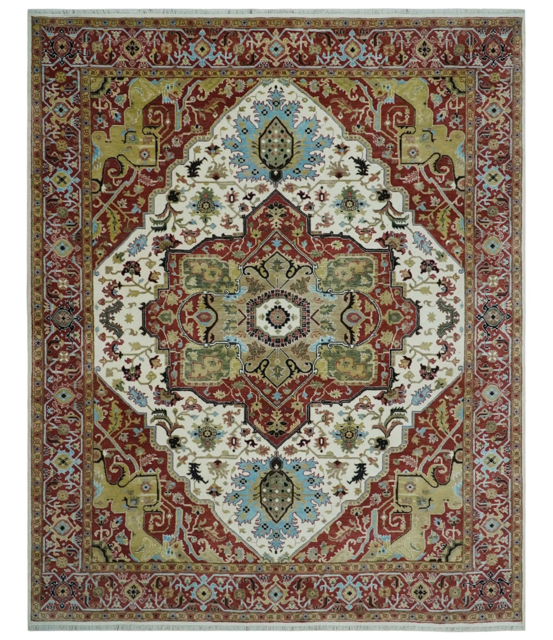 Fine Knots Red, Ivory and Olive 8x10 Hand knotted Traditional Wool Area Rug, - The Rug Decor