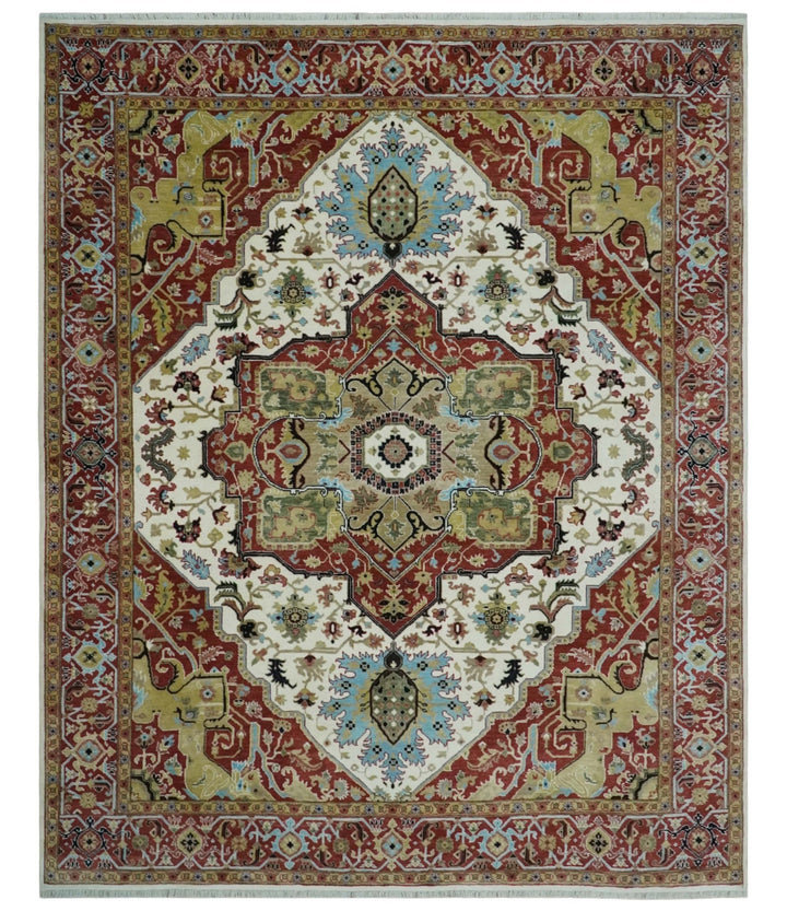 Fine Knots Red, Ivory and Olive 8x10 Hand knotted Traditional Wool Area Rug, - The Rug Decor