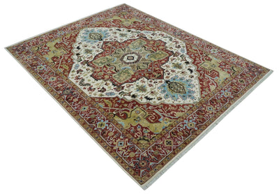 Fine Knots Red, Ivory and Olive 8x10 Hand knotted Traditional Wool Area Rug, - The Rug Decor