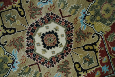 Fine Knots Red, Ivory and Olive 8x10 Hand knotted Traditional Wool Area Rug, - The Rug Decor