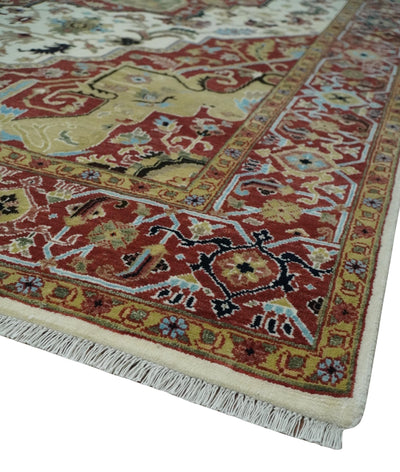 Fine Knots Red, Ivory and Olive 8x10 Hand knotted Traditional Wool Area Rug, - The Rug Decor