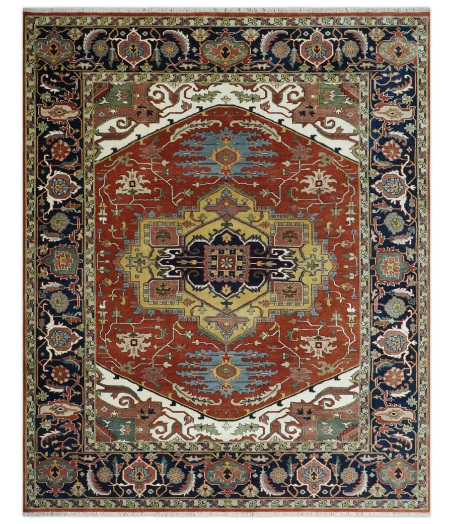 Fine Olive, Brown and Blue Traditional Floral Hand knotted look 8x10 wool Area Rug - The Rug Decor