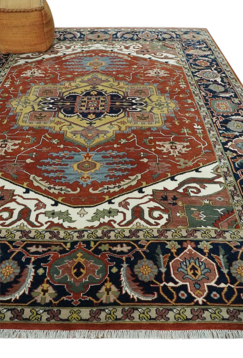 Fine Olive, Brown and Blue Traditional Floral Hand knotted look 8x10 wool Area Rug - The Rug Decor