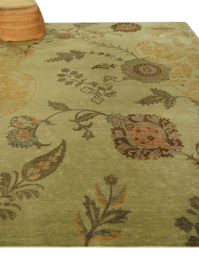 Fine Oriental Floral Hand knotted Olive and Gold 8x10 wool Area Rug - The Rug Decor