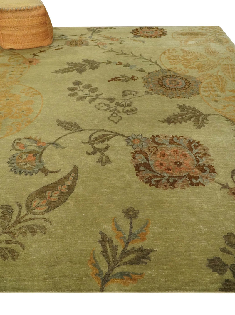 Fine Oriental Floral Hand knotted Olive and Gold 8x10 wool Area Rug - The Rug Decor