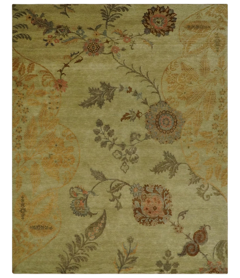Fine Oriental Floral Hand knotted Olive and Gold 8x10 wool Area Rug - The Rug Decor