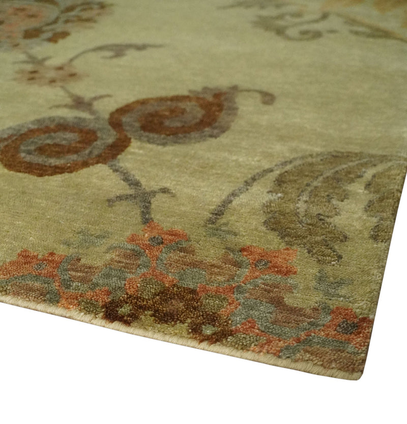 Fine Oriental Floral Hand knotted Olive and Gold 8x10 wool Area Rug - The Rug Decor
