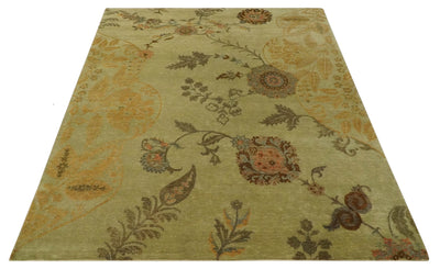 Fine Oriental Floral Hand knotted Olive and Gold 8x10 wool Area Rug - The Rug Decor