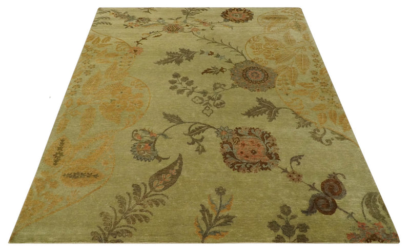 Fine Oriental Floral Hand knotted Olive and Gold 8x10 wool Area Rug - The Rug Decor
