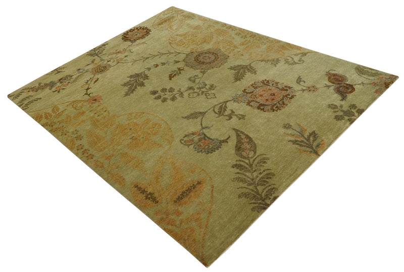 Fine Oriental Floral Hand knotted Olive and Gold 8x10 wool Area Rug - The Rug Decor