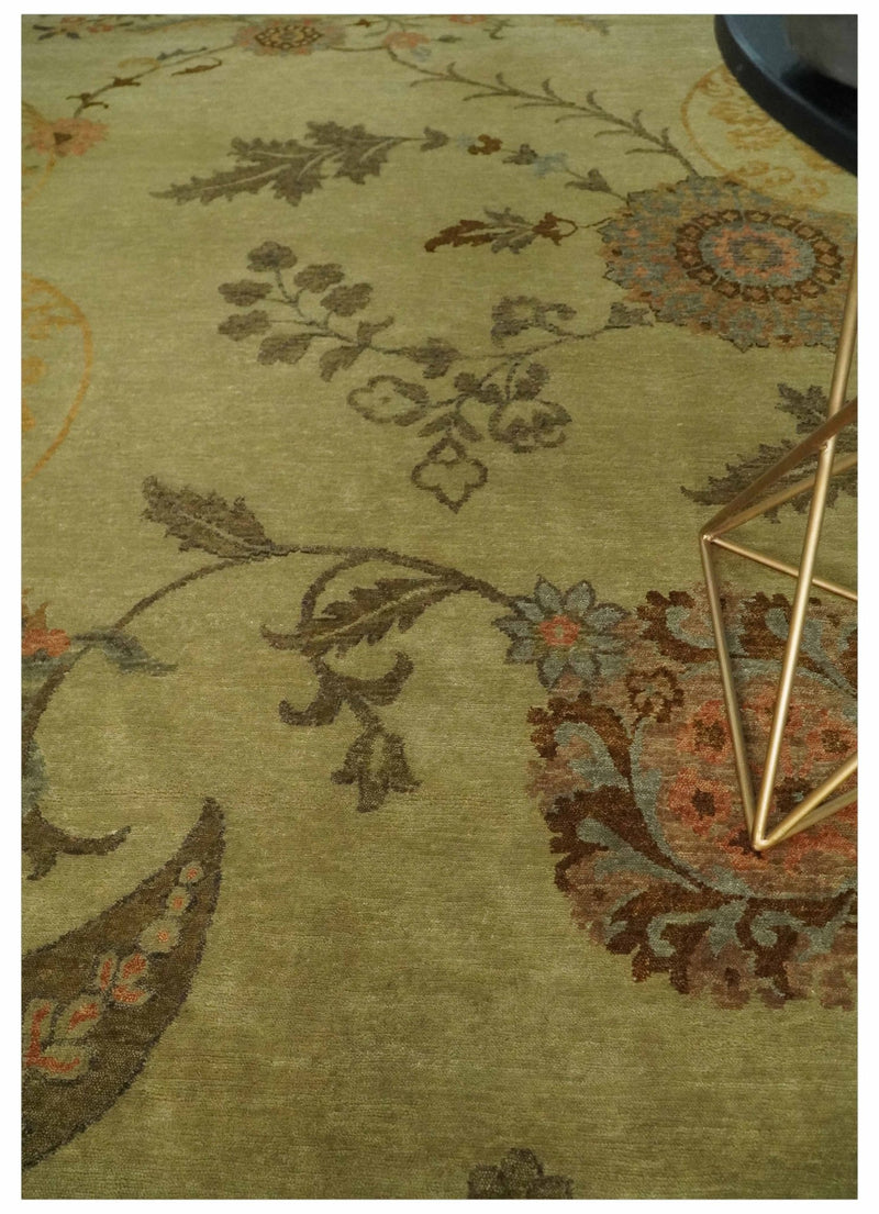 Fine Oriental Floral Hand knotted Olive and Gold 8x10 wool Area Rug - The Rug Decor