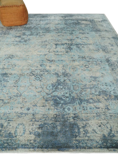 Fine Real Silk 8x10 Hand Knotted Aqua, Camel and Charcoal Antique Traditional Rug - The Rug Decor