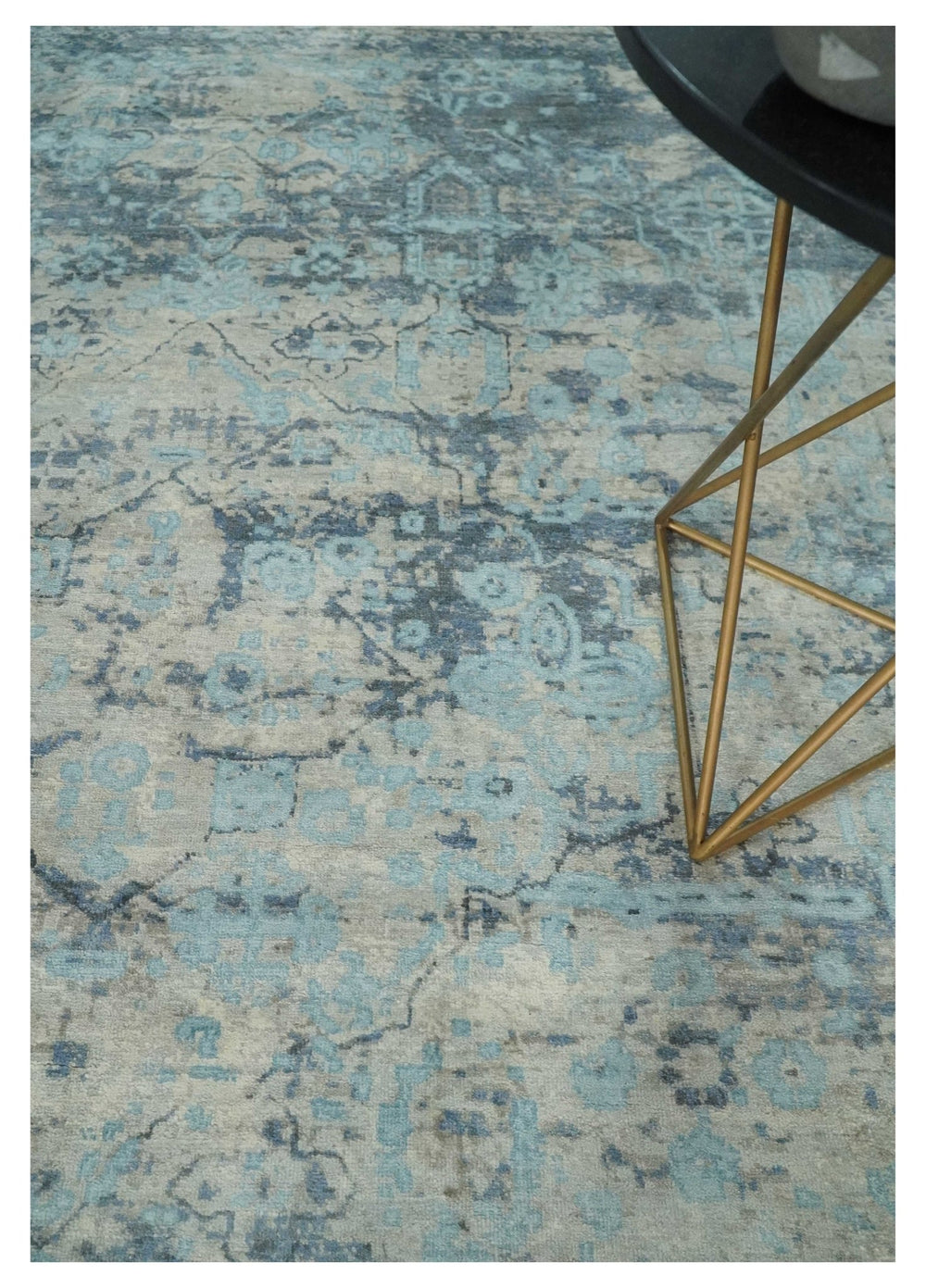 Fine Real Silk 8x10 Hand Knotted Aqua, Camel and Charcoal Antique Traditional Rug - The Rug Decor