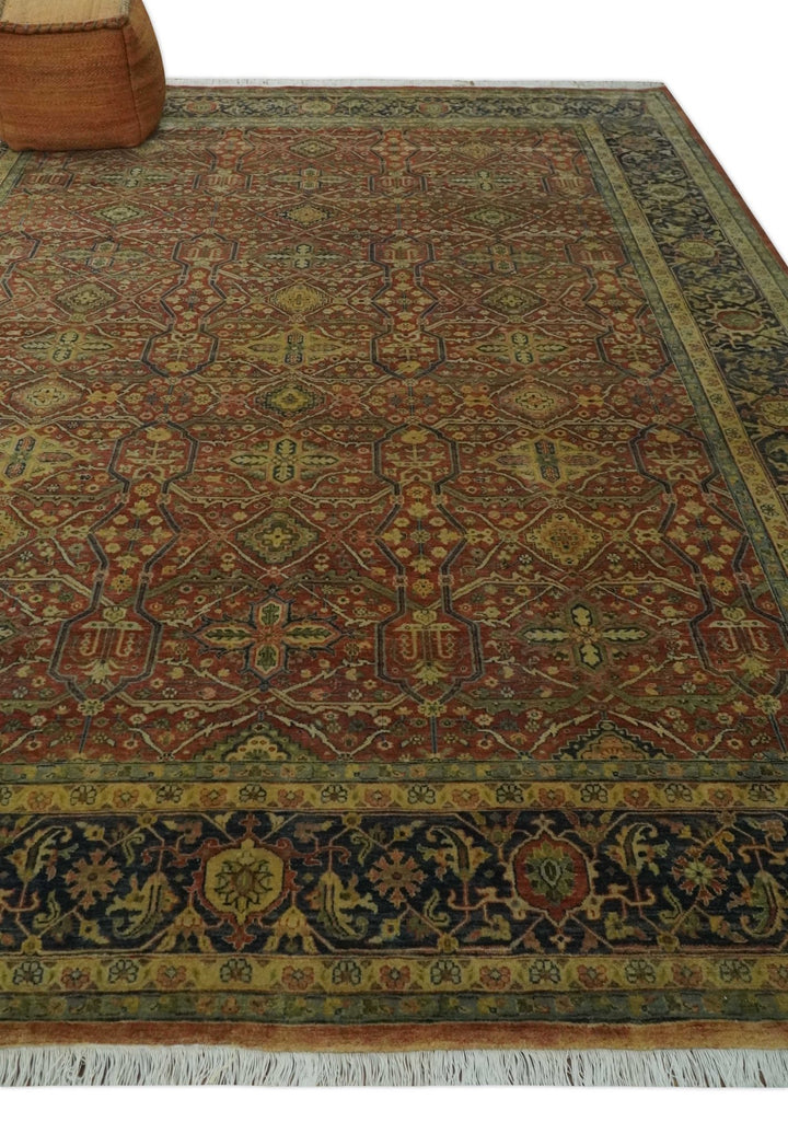 Fine Serapi Hand Knotted 9x12 Rust, Charcoal and Beige Traditional Antique Wool Area Rug - The Rug Decor