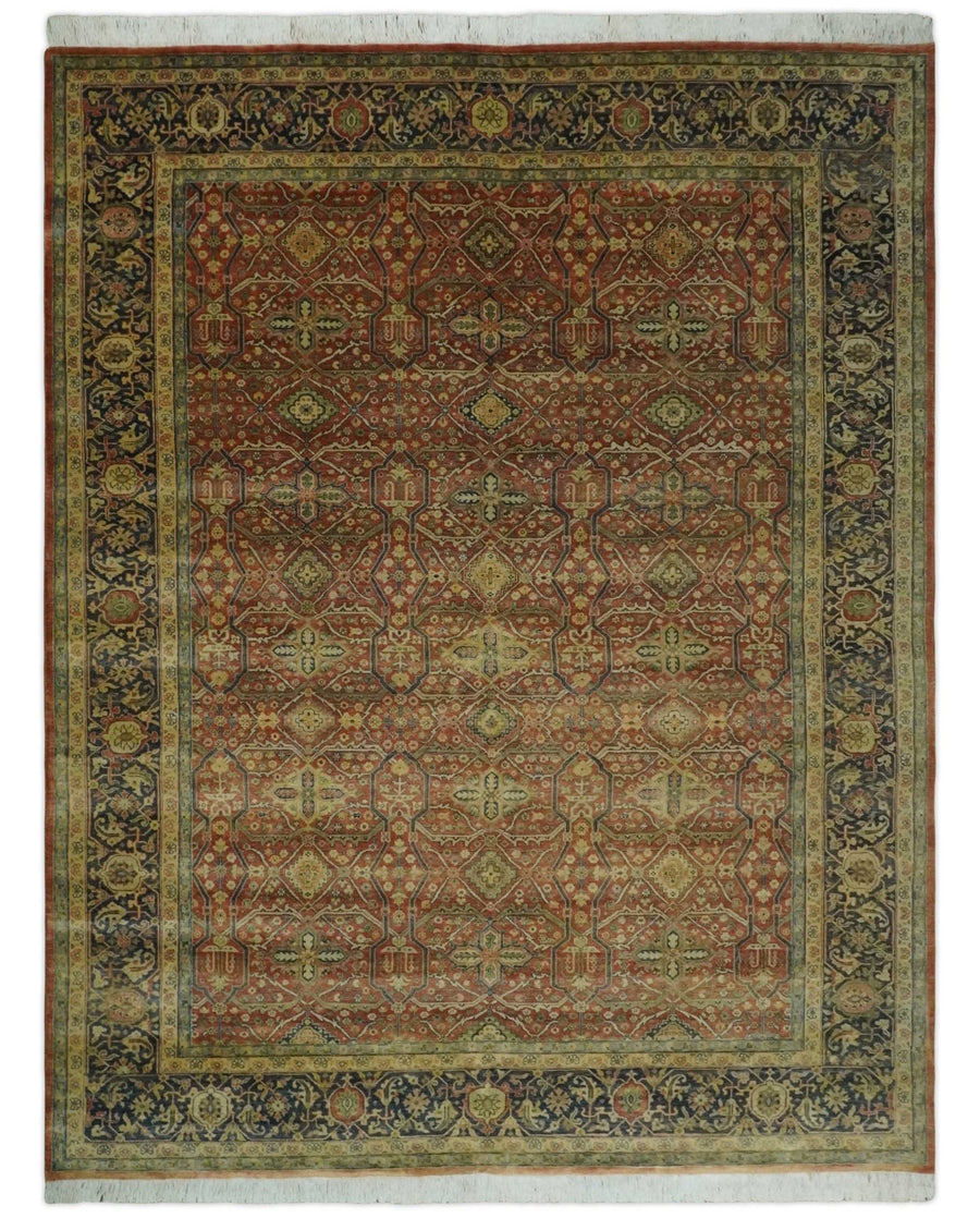 Fine Serapi Hand Knotted 9x12 Rust, Charcoal and Beige Traditional Antique Wool Area Rug - The Rug Decor