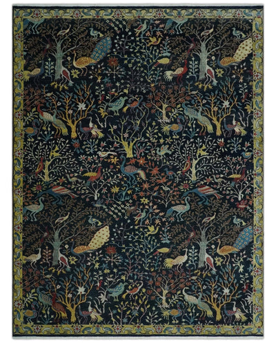 Fine The Jungle Life Peacock on tree Rug 8x10, 9x12 Hand Knotted Black and Mustard Wool Rug - The Rug Decor