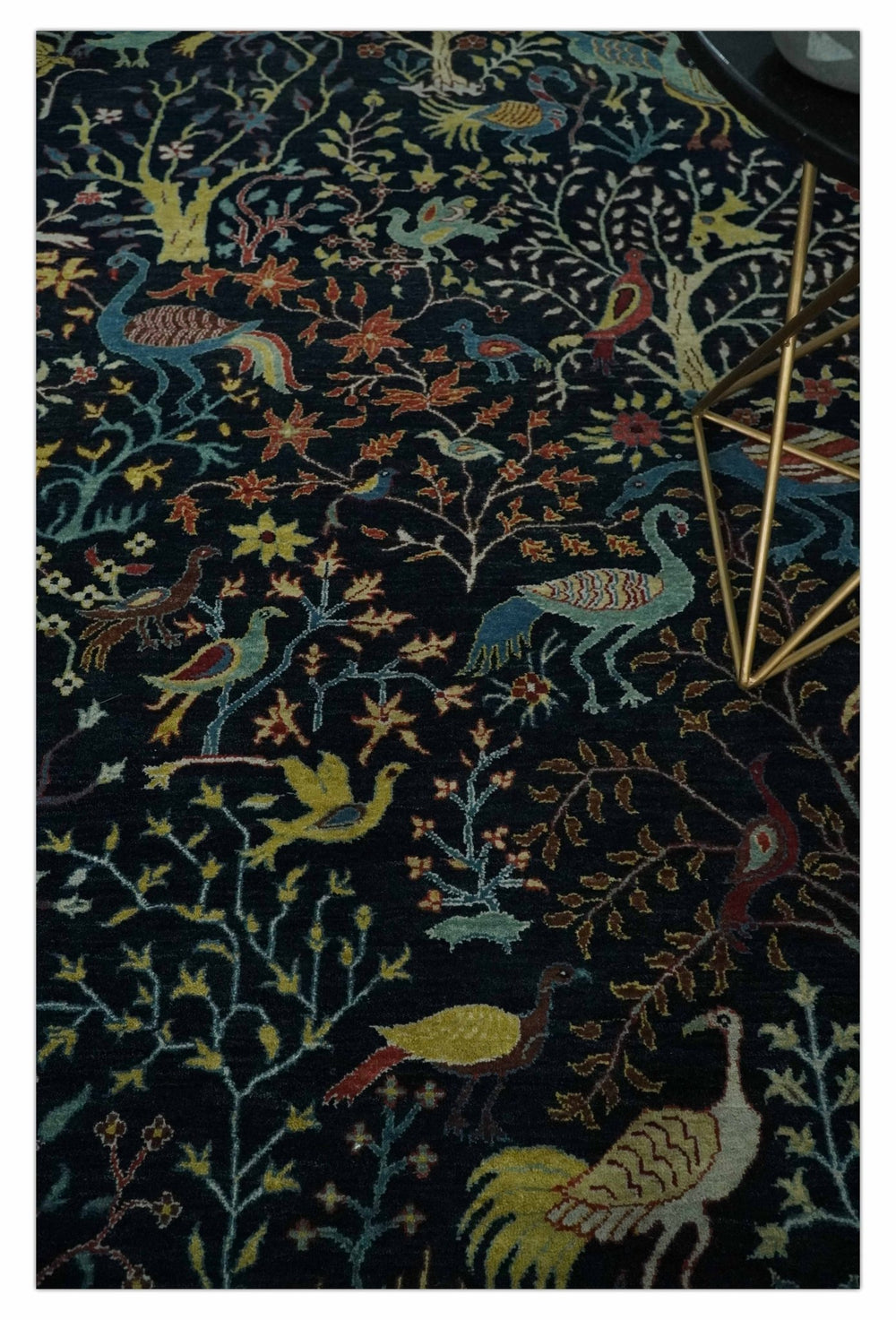 Fine The Jungle Life Peacock on tree Rug 8x10, 9x12 Hand Knotted Black and Mustard Wool Rug - The Rug Decor