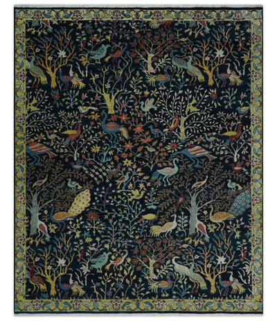 Fine The Jungle Life Peacock on tree Rug 8x10, 9x12 Hand Knotted Black and Mustard Wool Rug - The Rug Decor