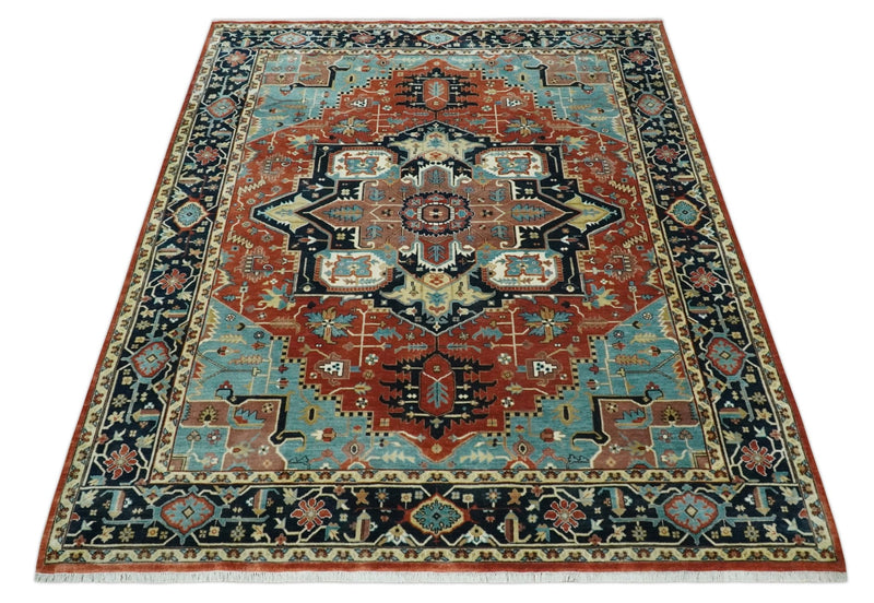 Fine Traditional Floral Hand knotted Brown, Aqua and Black 8x10 wool Area Rug - The Rug Decor