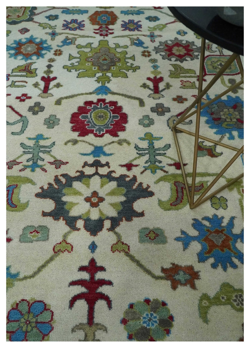 Fine Traditional Ivory and Blue Colorful Hand knotted Oushak Wool Area Rug - The Rug Decor