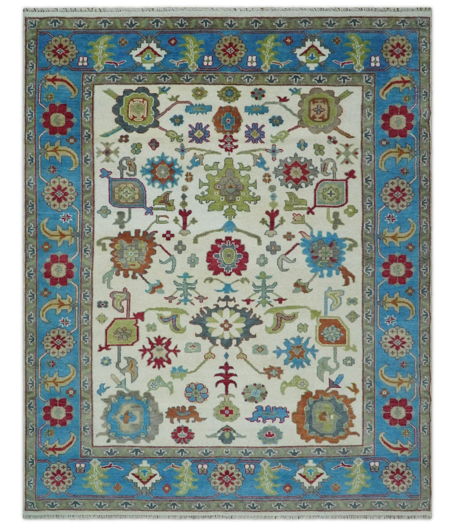 Fine Traditional Ivory and Blue Colorful Hand knotted Oushak Wool Area Rug - The Rug Decor