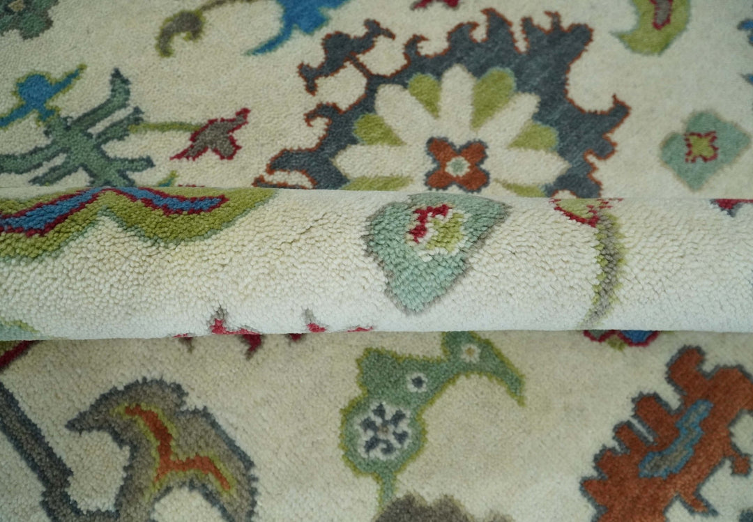 Fine Traditional Ivory and Blue Colorful Hand knotted Oushak Wool Area Rug - The Rug Decor