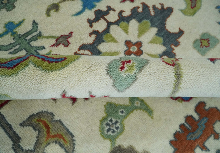 Fine Traditional Ivory and Blue Colorful Hand knotted Oushak Wool Area Rug - The Rug Decor