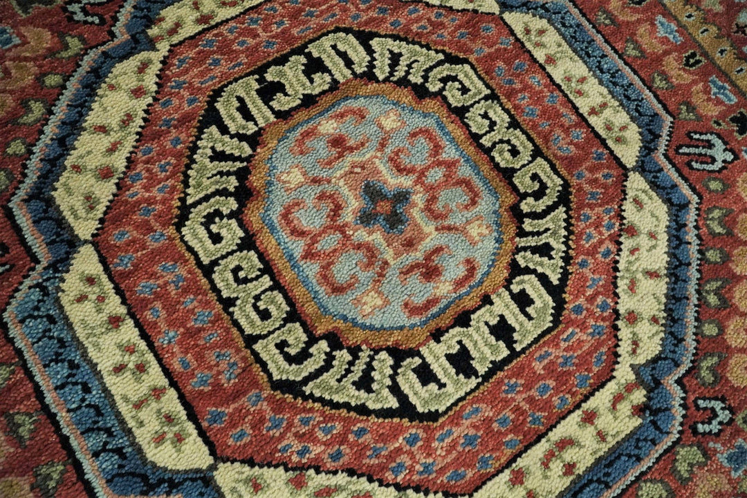 Fine Wool Hand Knotted Kazak Medallion Red and Black Traditional Rug - The Rug Decor