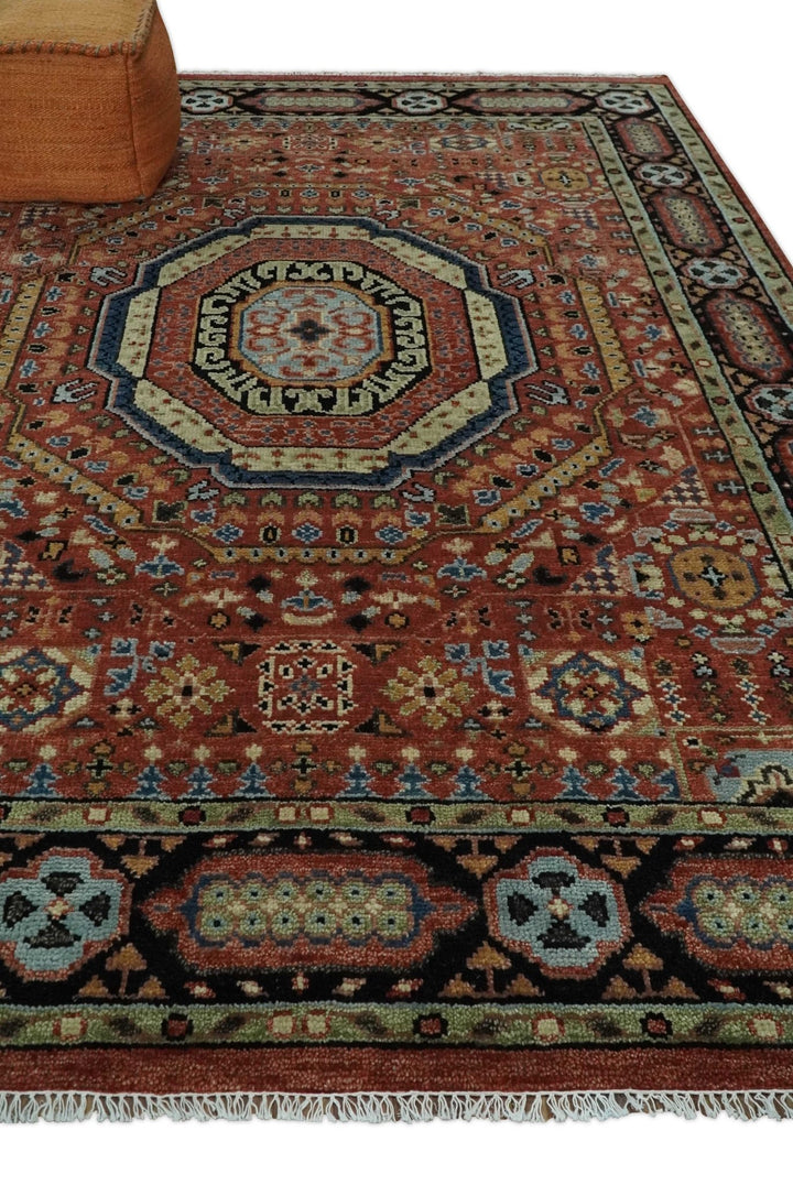 Fine Wool Hand Knotted Kazak Medallion Red and Black Traditional Rug - The Rug Decor