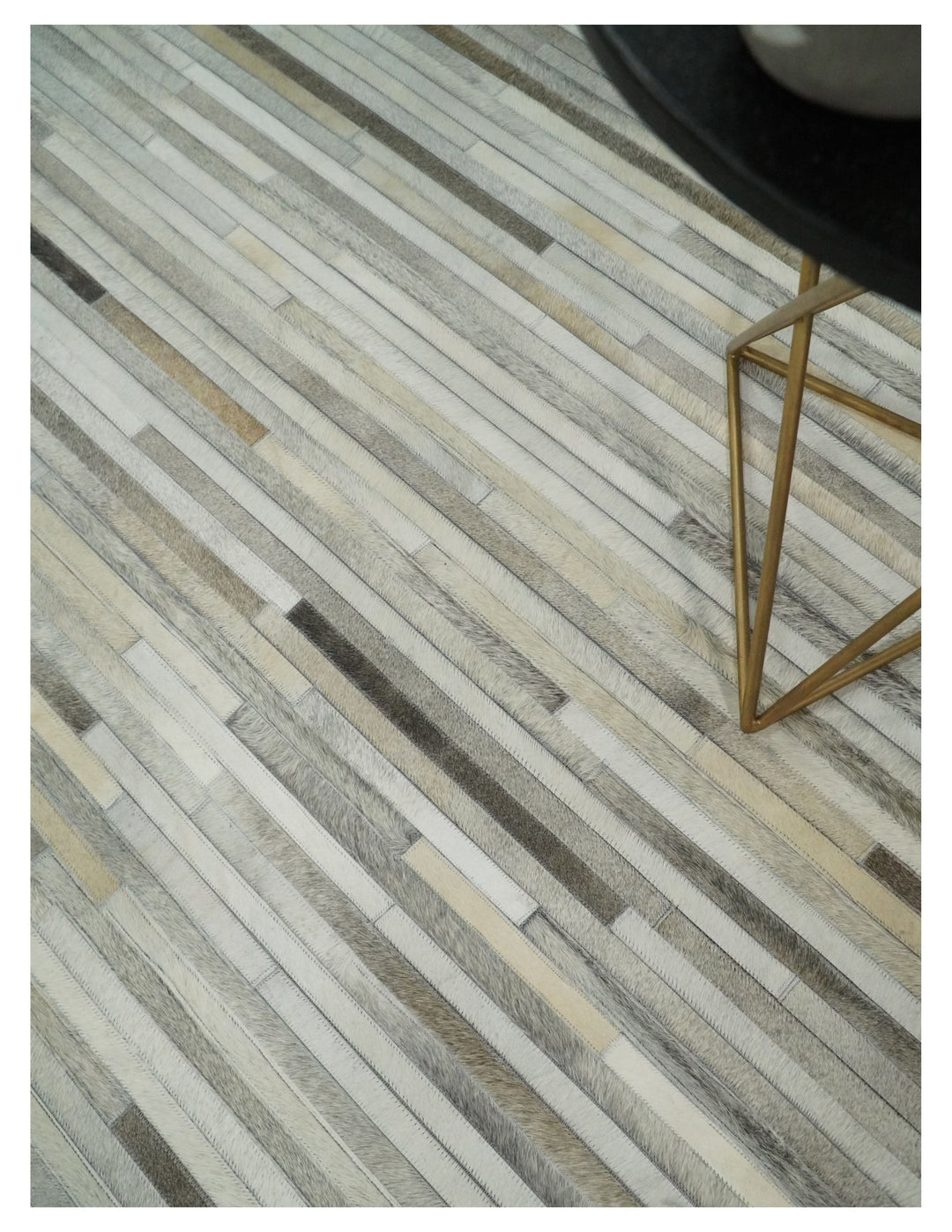 Flatweave Hairon Genuine Leather 5x8, 8x10 and 9x12 Stripe Design Beige and Ivory Area Rug | LR18 - The Rug Decor
