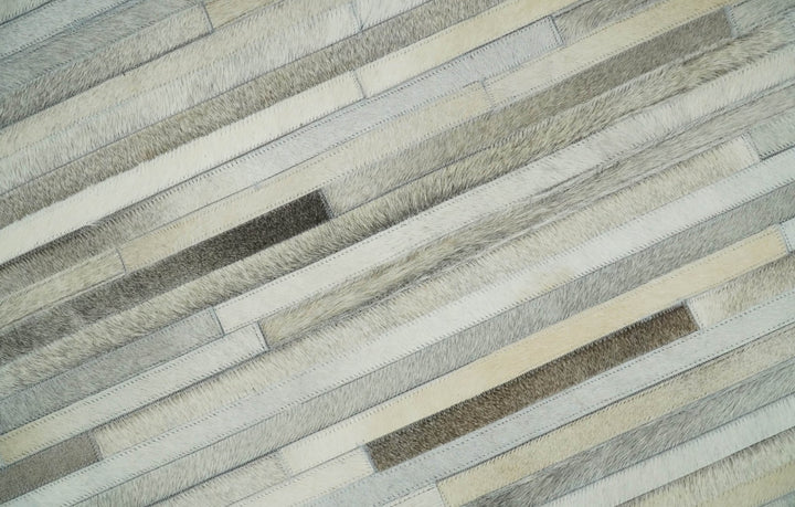Flatweave Hairon Genuine Leather 5x8, 8x10 and 9x12 Stripe Design Beige and Ivory Area Rug | LR18 - The Rug Decor