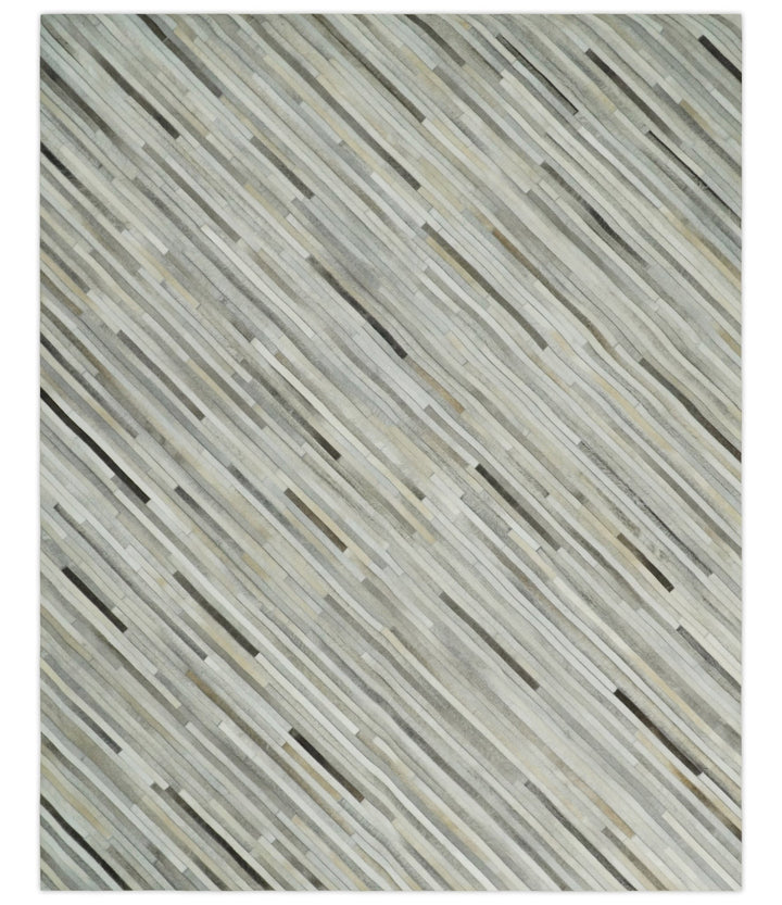 Flatweave Hairon Genuine Leather 5x8, 8x10 and 9x12 Stripe Design Beige and Ivory Area Rug | LR18 - The Rug Decor