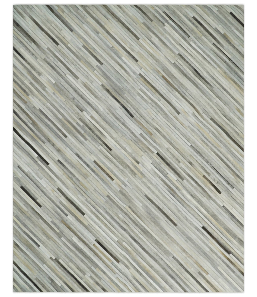 Flatweave Hairon Genuine Leather 5x8, 8x10 and 9x12 Stripe Design Beige and Ivory Area Rug | LR18 - The Rug Decor