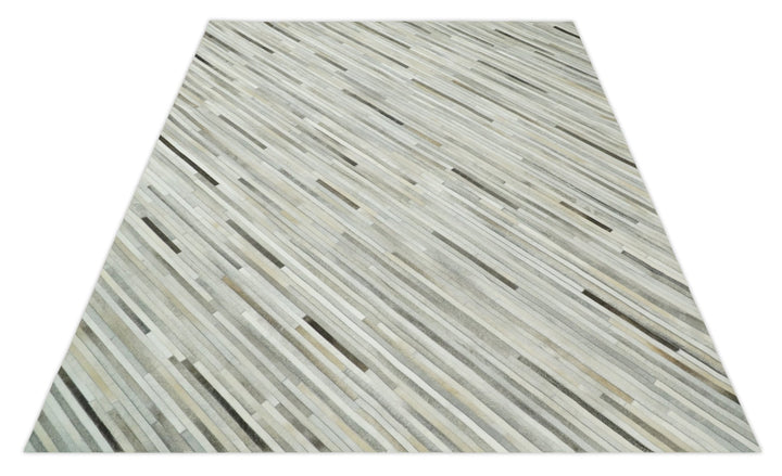Flatweave Hairon Genuine Leather 5x8, 8x10 and 9x12 Stripe Design Beige and Ivory Area Rug | LR18 - The Rug Decor