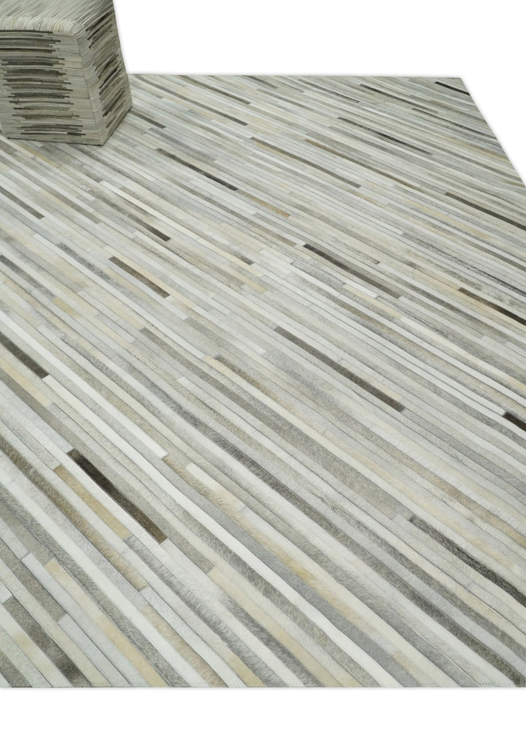 Flatweave Hairon Genuine Leather 5x8, 8x10 and 9x12 Stripe Design Beige and Ivory Area Rug | LR18 - The Rug Decor