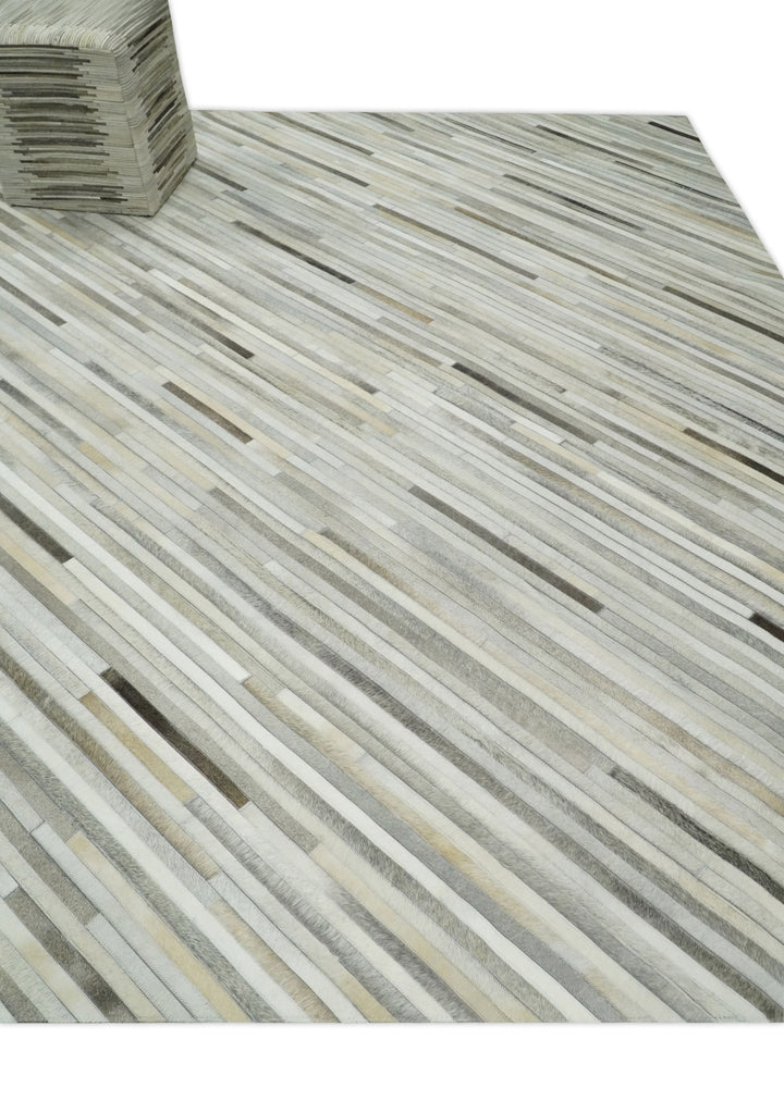 Flatweave Hairon Genuine Leather 5x8, 8x10 and 9x12 Stripe Design Beige and Ivory Area Rug | LR18 - The Rug Decor